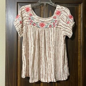 Savanna Jane Flower Embroidery Short Sleeve BabyDoll Blouse Size M EUC